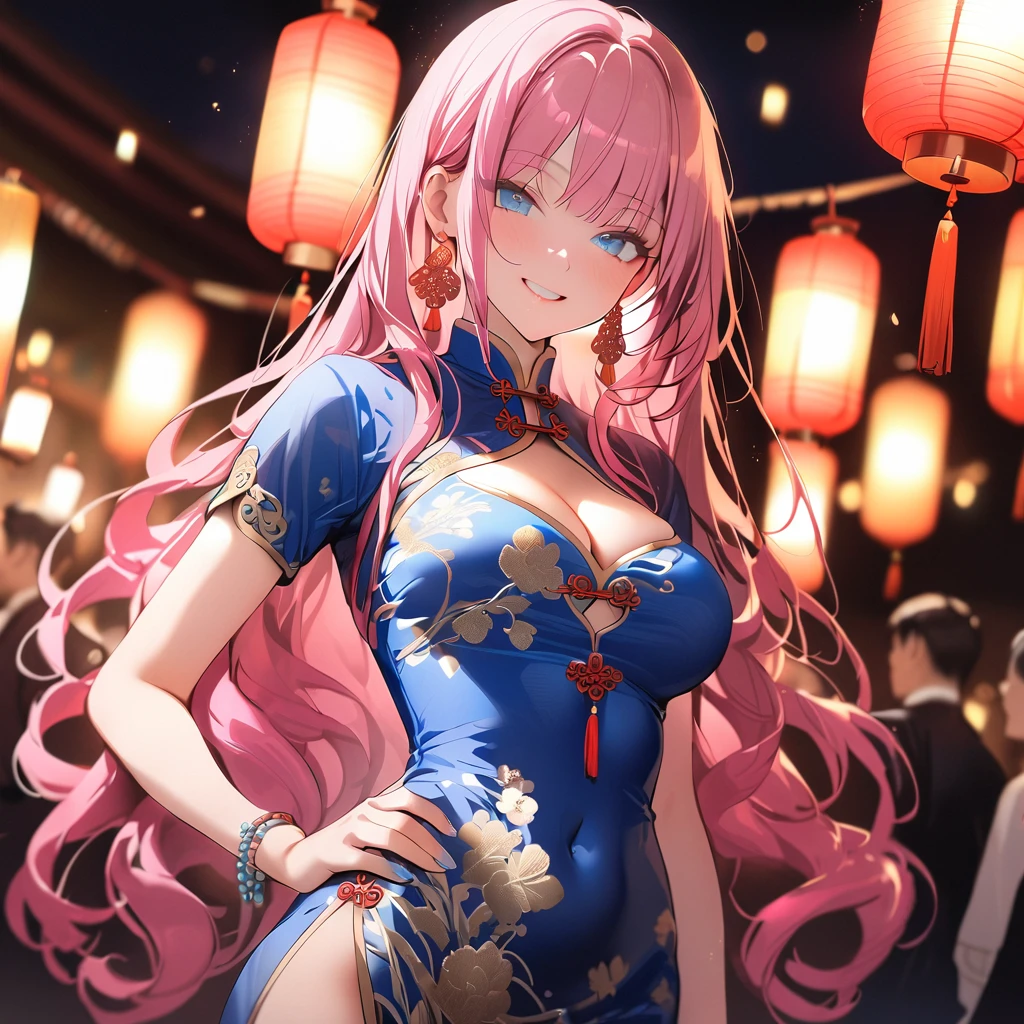 vibrant colors, female, masterpiece, sharp focus, best quality, depth of field, cinematic lighting, a woman with pink hair in a blue dress with gold trim and lanterns, 1girl, solo, breasts, blue eyes, dress, long hair, chinese clothes, pink hair, looking at viewer, earrings, smile, china dress, jewelry, hand on hip, cleavage cutout, clothing cutout, bangs, short sleeves, cleavage, covered navel,
