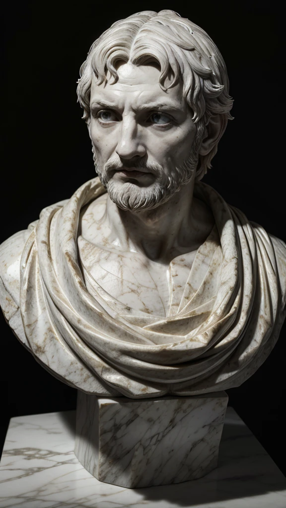 Marble bust of Seneca: A detailed bust of Seneca, with an expression of wisdom and serenity, dark background to highlight the sculpture. Dramatic lighting that accentuates bust features