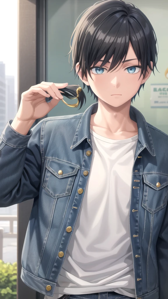 masterpiece, best quality, high quality, 1boy, solo, 14-year-old boy,male focus, looking at viewer , black hair, old-school swoop haircut,upper body ,blue jean jacket, emerald eyes,