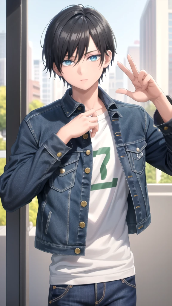 masterpiece, best quality, high quality, 1boy, solo, 14-year-old boy,male focus, looking at viewer , black hair, old-school swoop haircut,upper body ,blue jean jacket, emerald eyes,