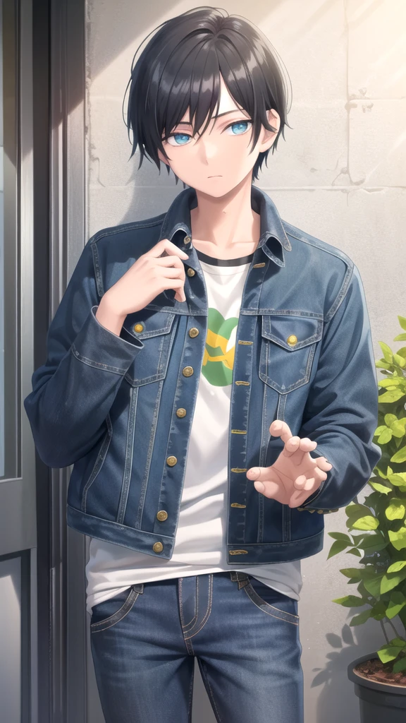 masterpiece, best quality, high quality, 1boy, solo, 14-year-old boy,male focus, looking at viewer , black hair, old-school swoop haircut,upper body ,blue jean jacket, emerald eyes,