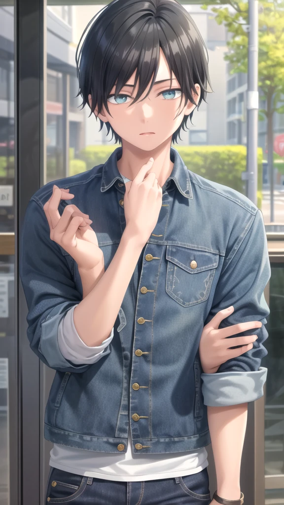 masterpiece, best quality, high quality, 1boy, solo, 14-year-old boy,male focus, looking at viewer , black hair, old-school swoop haircut,upper body ,blue jean jacket, emerald eyes,
