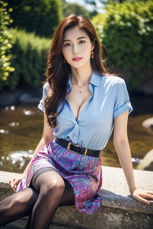 (Highest quality、Ultra-high resolution、masterpiece、8K)、(Delicate face、Detailed eyes and face、Watery eyes、double eyelid、Glossy lips), (1 girl) 、Very beautiful woman、Slender、Slim Big、Sharp long legs、Alluring and sexy、(A brightly colored collared shirt:1.2)、(Skirts in flashy colors:1.3),(silk pantyhose:1.1),(Stiletto heels)、Cleavage、Sitting pose、Perfect body、Two perfect legs、balanced legs、Detailed shoes、Anatomically correct、High-definition skin texture、Daytime、(Wind、river、waterfall、garden)