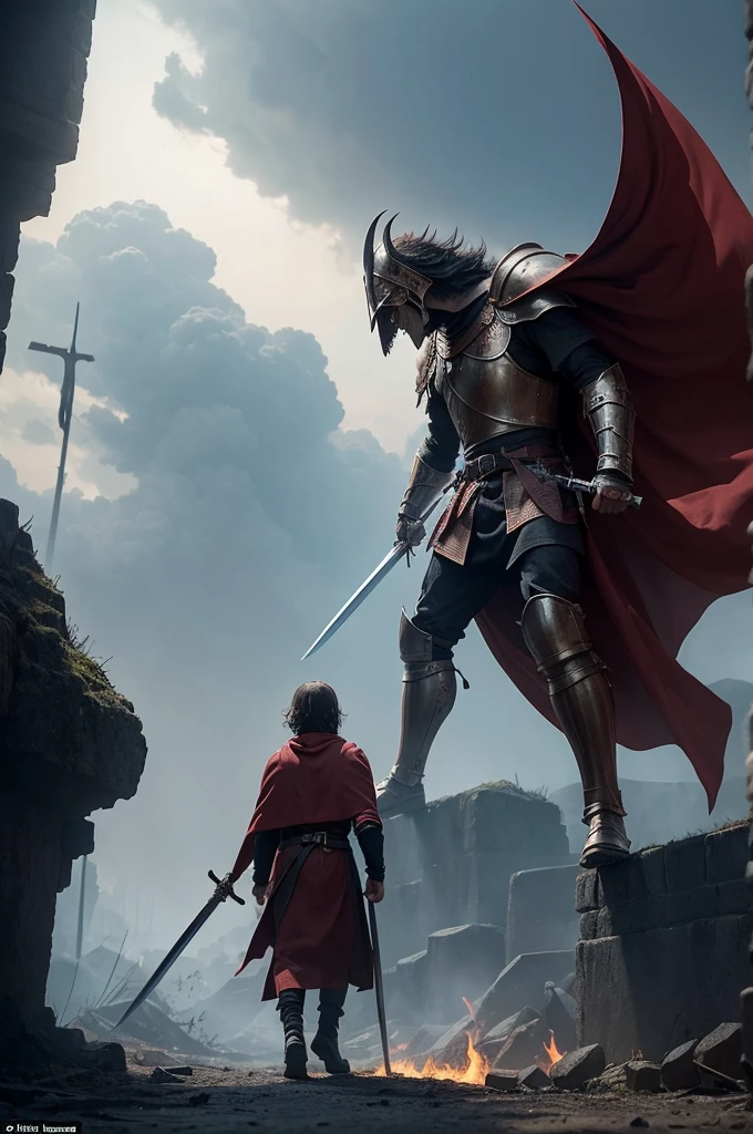 A giant demon in the background, coming towards a small medieval warrior who is waiting for him with sword and shield in hand and his cape flowing, all around there is fire and devastation