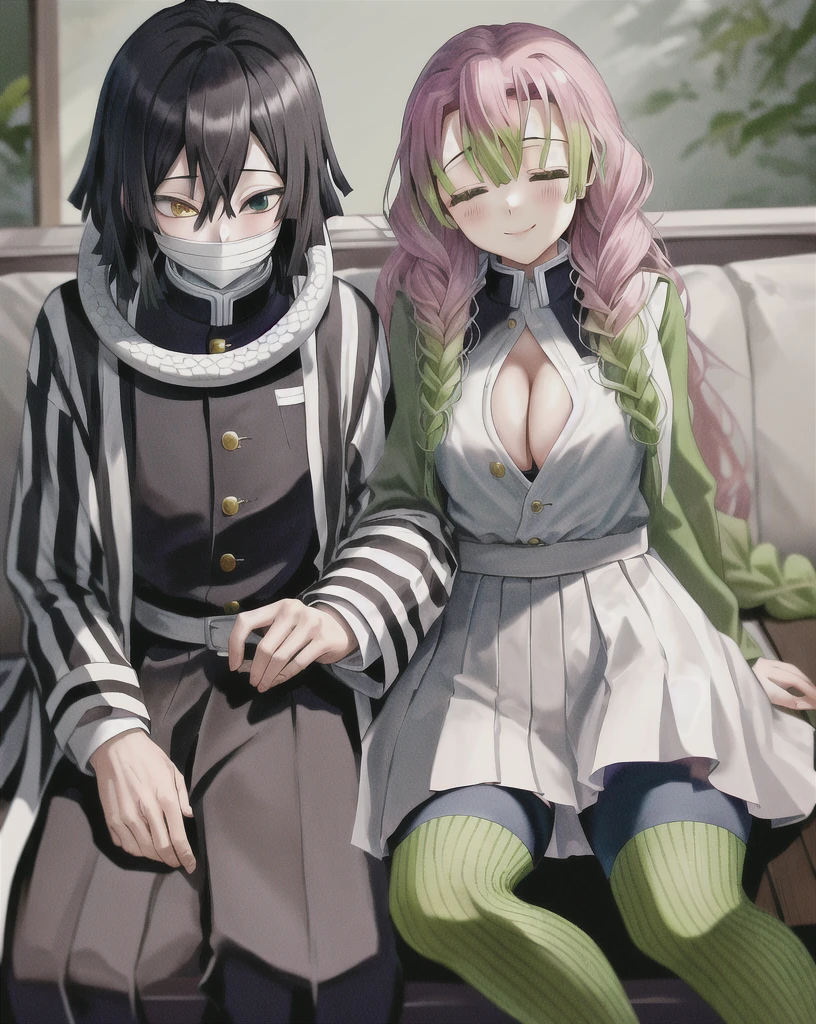 masterpiece, best quality, highres,
1girl mitsuri, pleated skirt demon slayer uniform white haori long sleeves thighhighs, ,
1boy obanai, on slayer uniform vertical stripes jacket black pants, mask, white snake
sitting, sleeping on person, smile