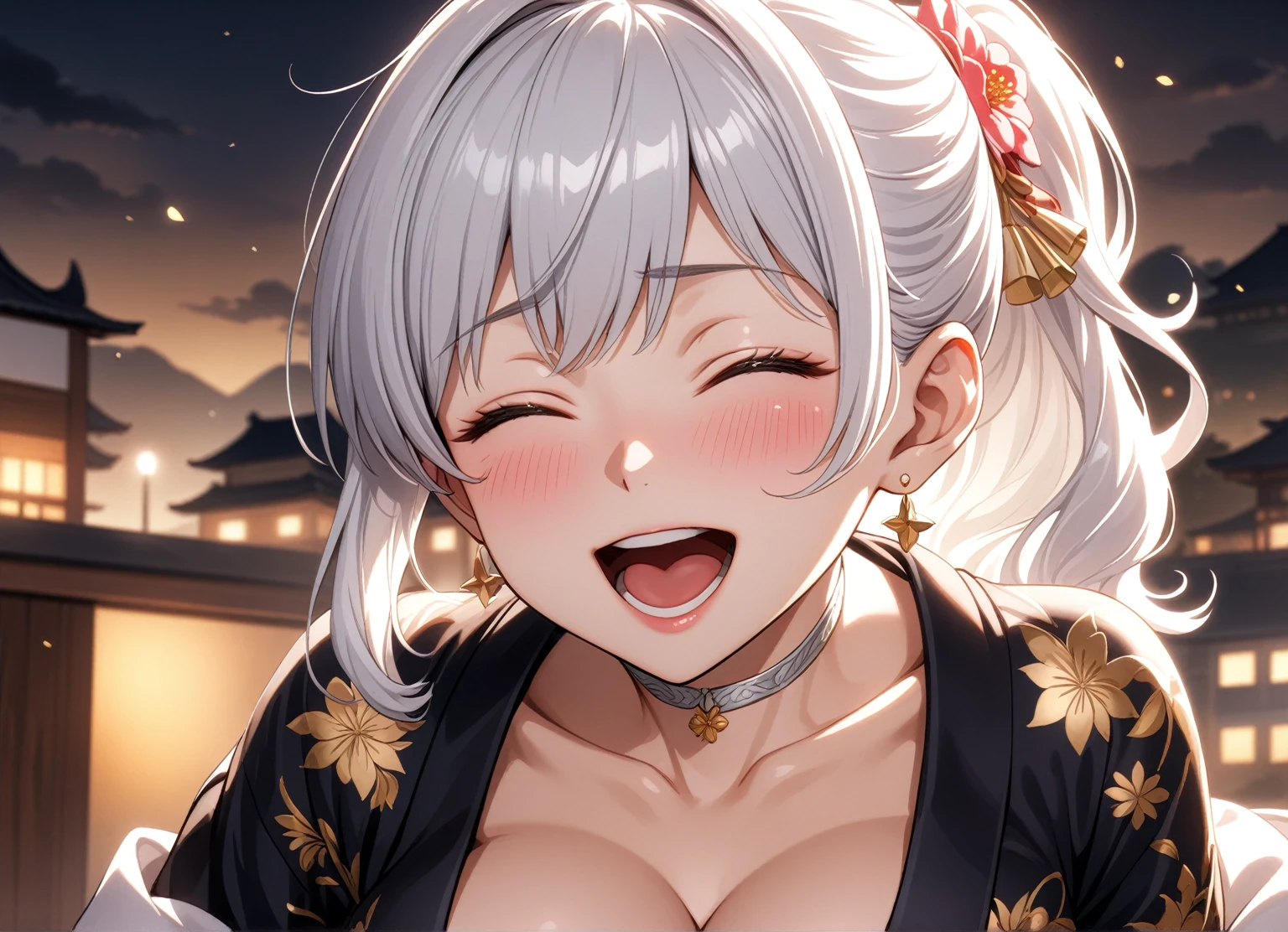 ((one personの女性)), Beautiful Face,((Wink:2.5)), ((Massage the breasts:1.7)),Laughing with your mouth open,((Bright red cheeks:1.4)),Glossy pink lips,night,rooftop,Festive decorations,You can see the ocean, firework,Laughing with your mouth open,Glossy pink lips,Lighting on the face,((Anime style background)),masterpiece, highest quality, so beautiful,Latest, Complex details, (Pink long nails),(ring),(bracelet),(choker),AI-generated, Complex,High resolution, highest quality, super high quality,3D Images、View your viewers、3D Images,one person,Long white hair,High Ponytail,(blue eyes),Anime woman posing for a photo, ((Fine grain、Silvery white colorful eyes、Shining Eyes:1.3)),(Squint your eyes:1.1),a hyperRealistic , hyperRealistic , Realistic,Anime woman with long and white hair, Smooth anime CG art, A woman in a colorful kimono with gold embroidery, (Black long sleeve kimono),Red floral pattern,Long flower hair ornament,Big earrings,Mature Body,(Big Breasts:1.2),Tall,Abdominal muscles,Narrow waist,Sweat,(Zoom in on face:1.3),Lie on the sofa