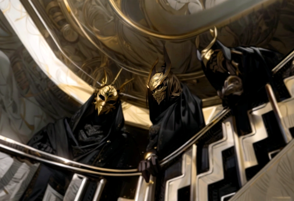 golden masks black clouths 