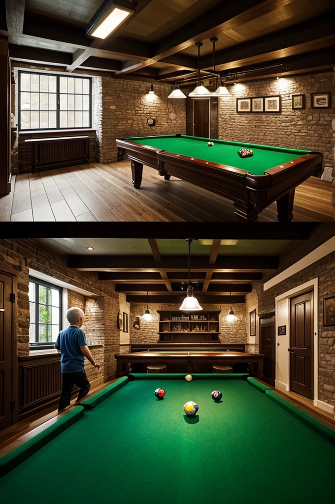 Create a hyper-realistic image of a room in the basement, pub, Billiard tables, old people, small children playing, Pflanzen, sustainable