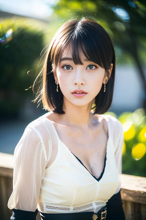 (realistic 1 girl, 20-year-old, cute female, short black hair with bangs, delicate and beautiful facial features, detailed eyes, nose, lips, and skin, facial pores, fine facial freckles, slender body, handsome physique, youth and innocence, unbuttoned white blouse, brazier, very short yellow skirt, earrings, standing pose facing forward, dynamic lighting, high resolution, 8k, raw photo, masterpiece, ultra-detailed, photorealistic, professional quality, particle texture, official art, beautiful clothes, lifelike face, droopy eyes, cute expression, gasping face, realistic sexual gaze, huge file size, best quality, 4k, 8k, high-res, vivid colors, bokeh)