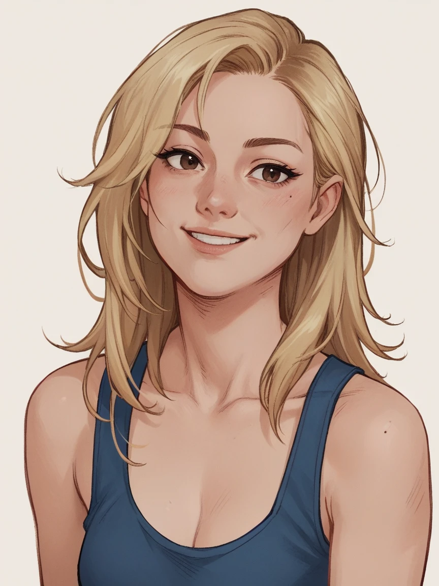 score_9, score_8_up, score_7_up, score_6_up, score_5_up, score_4_up,   wh33z13, 1 adult woman, smiling, white skin, medium long blonde hair in a loose side brand, dark brown eyes, simple background, blue tank top