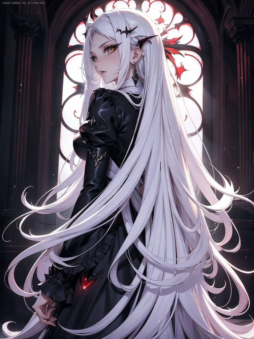 absurderes, ((stunning female vampire))), Gothic revival, (long white hair:1.3), Perfect and detailed angular sharp oval shaped face, ((pure white eyes)), ((white cross earring)), red and white tetradic colors, fleshy lips, rose background, (standing alone), Perfect Anatomia, approaching perfection, ethereal, details Intricate, ultra high definition, 32k resolution, Aesthetics, Soft, sharp focus, Dreamers, Ablaze, back-illuminated, glamour, sheen, Fantastic, eyeshadows, Soft, Gothic tones, illustration, sheen