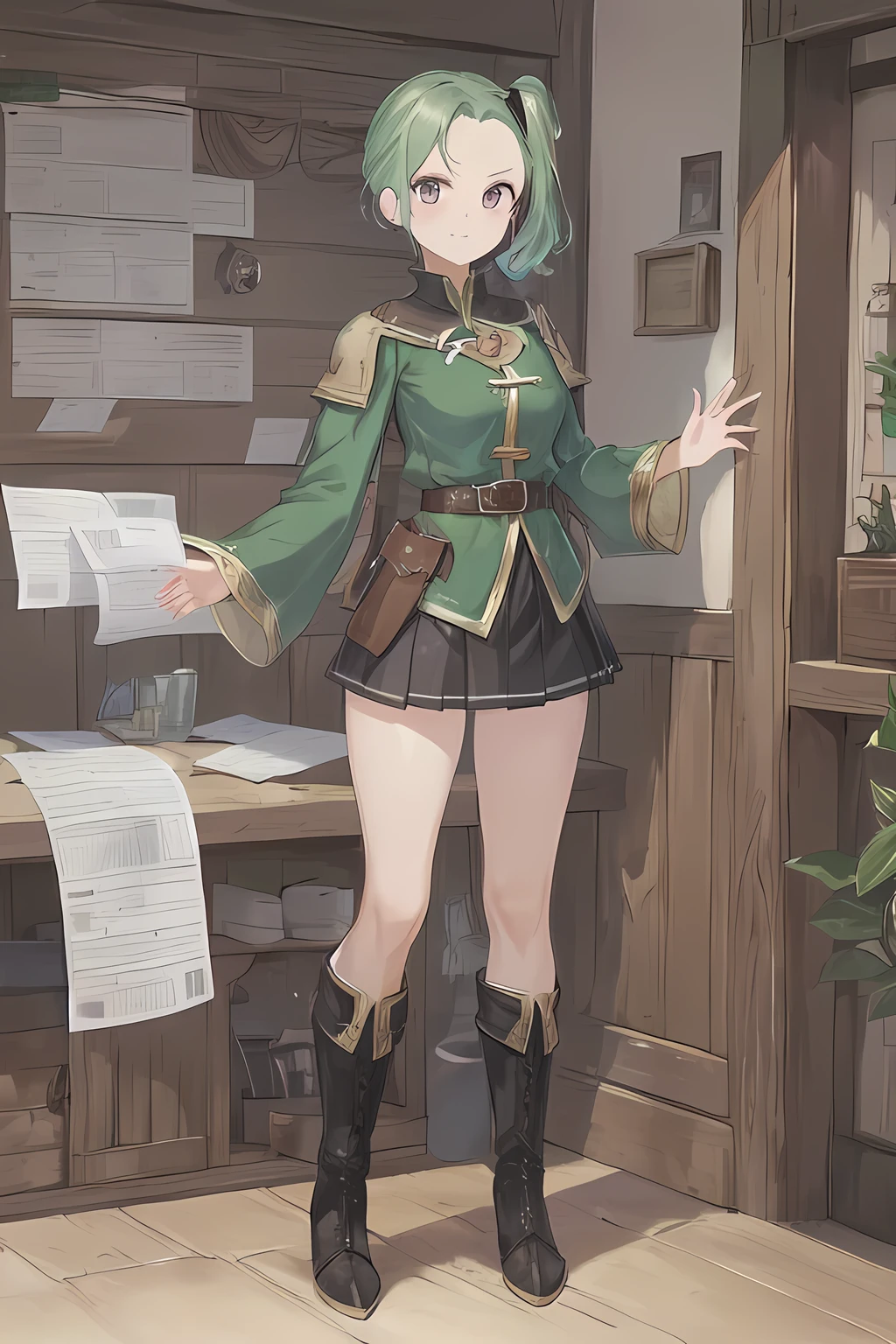 (master piece:1.3, best quality:1.3, ultra detailed:1.3), CG, 8k, illustration, kind face, kawaii, 1girl, solo, shiny hair, shiny skin, (malachite green very short hair, forehead, side ponytail), BREAK, charcoal gray eyes, BREAK, (Standing Upright), natural hand poses, (shoot from front:1.2), (looking at viewer:1.2 ), (full body:1.4), 1.6m talls, small breasts:, medium ass:, (slim), BREAK, (adventurer's guild guide:1.3), military dress, skirt, ankle boots, BREAK, (fantasy world:1.4), (indoors, inside the adventurer's guild receipt:1.2), (quest board:1.2)