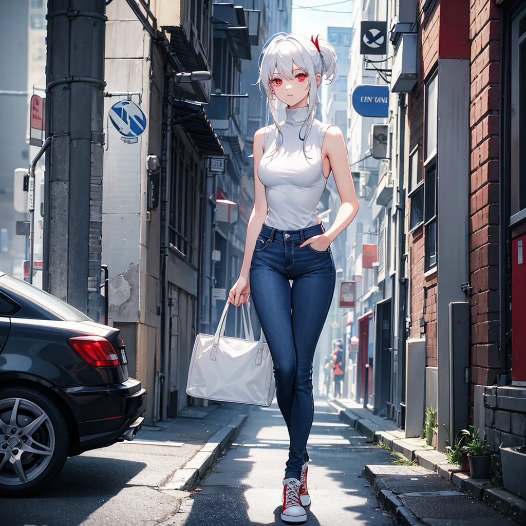 . White hair , dark red eyes,a sleeveless turtleneck shirt a bright blue converse jean pants,her hair is down.
