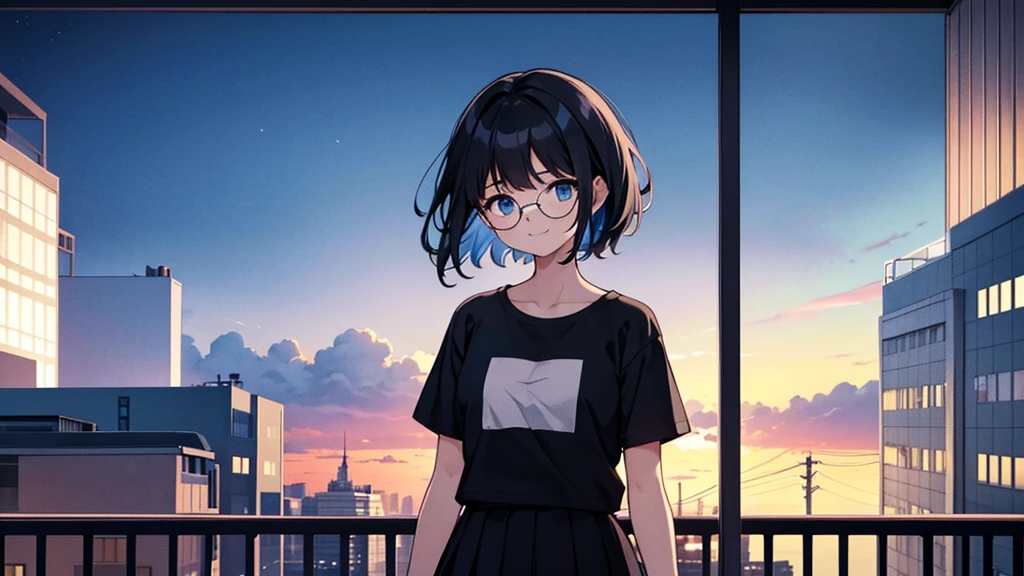 1girl, solo, blue eyes, (detailed eyes), flat chest, short hair, black hair, ((white t-shirt)), simple t-shirt, black skirt, black socks, standing, upper body, gentle smile on her face((masterpiece, illustration, best quality)) girl in a blue coat Wear sunglasses Behind is the cityscape in the evening. There are twinkling lights of the city amidst the blue, blue, and purple sky. Cool girls stand on high balconies or bridges. Looking out at the city with a confident and calm expression. The colors of the picture emphasize the dramatic tone. close up to the face