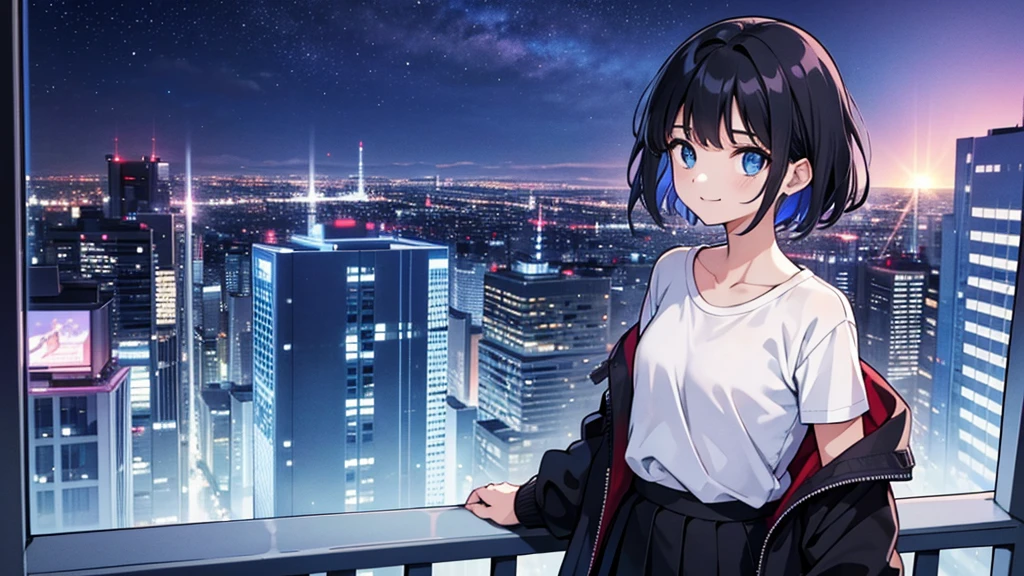 1girl, solo, blue eyes, (detailed eyes), flat chest, short hair, black hair, ((white t-shirt)), simple t-shirt, black skirt, black socks, standing, upper body, gentle smile on her face((masterpiece, illustration, best quality)) girl in a blue coat Wear sunglasses Behind is the cityscape in the evening. There are twinkling lights of the city amidst the blue, blue, and purple sky. Cool girls stand on high balconies or bridges. Looking out at the city with a confident and calm expression. The colors of the picture emphasize the dramatic tone. close up to the face