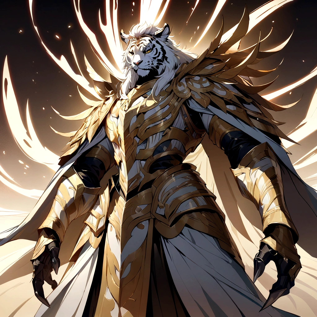 Masterpiece Wonderful details White Tiger man nearly 30 years old handsome blue eyes long white hair strong upper body partially exposed mermaid line exposed mottled gold pattern gold edge black shorts confident eyes holding a big sword