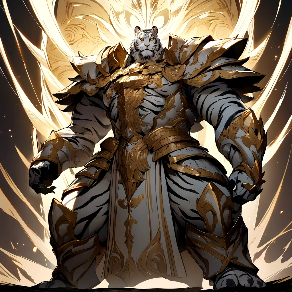 (best illumination, best shadow, masterpiece, best quality), anthropomorphic white tiger king, majestic, intimidating, powerful, epic, royal armor of white and gold with intricate details, clean lines, perfect illustration