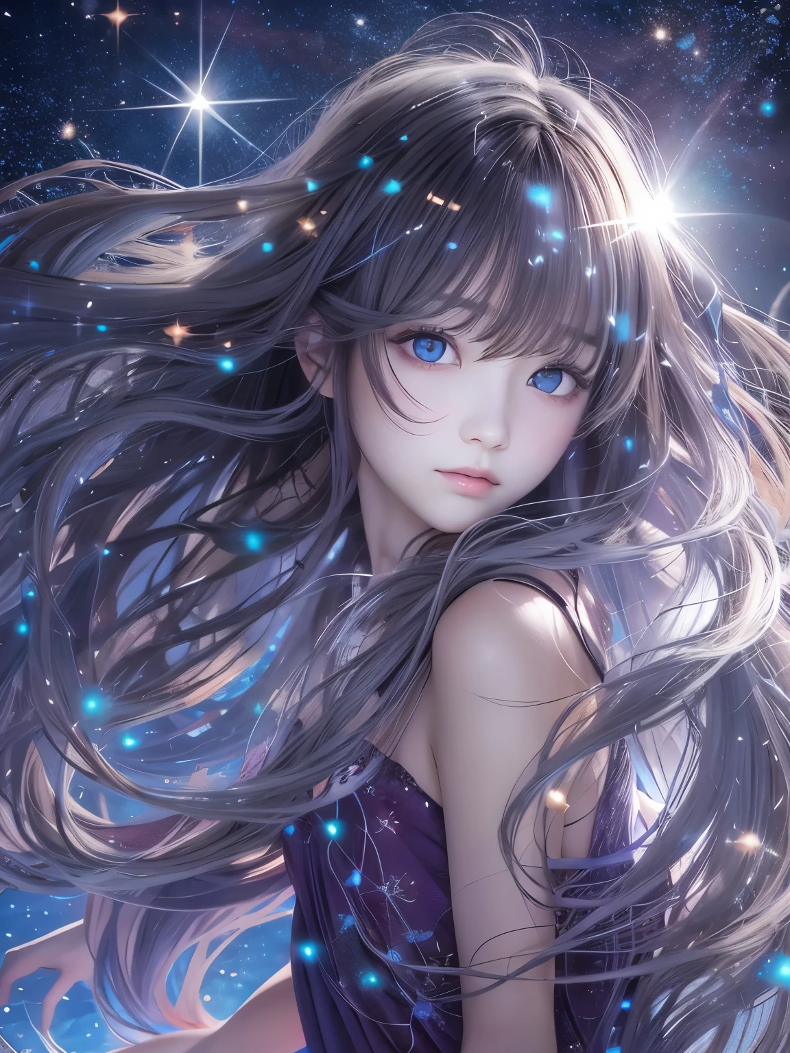 photograph、water、8age、high resolution、quality、Real masterpieces, Highest quality, Highly detailed shape,1 Girl,alone, Image body, flower, Looking at the audience、 Purple eyes, Jewel-like eyes, Very beautiful eyes, Highly detailed face、universe (null), constellation, Purple Energy、 meteor、Shiny, straight, long hair down to the waist, Beautiful shiny bangs、16k、24k、