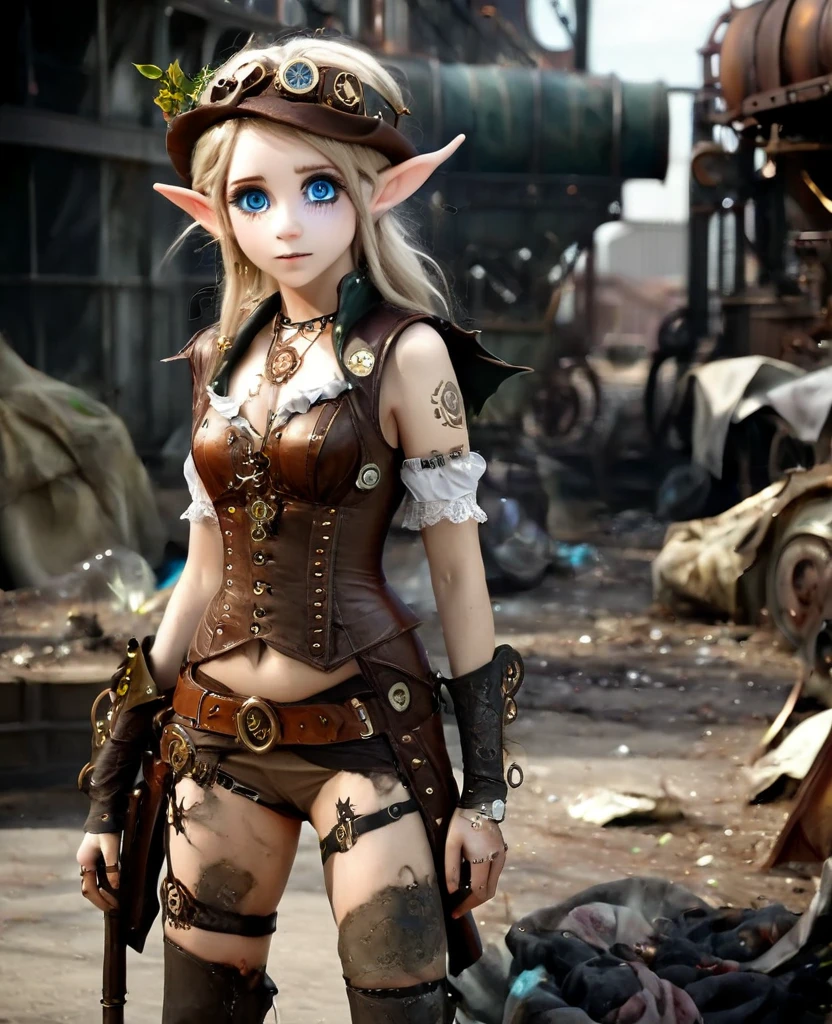 cute elf, ((anime elf with extremely cute eyes)), (((elf))), ((((high resolution))), (((extremely detailed))), ((masterpiece)), dramatic shadows, depth of field, analog photo style, (world in which are collide steampunk and postapocalyptic vibes), postapocalyptic cute female in steampunk aesthetic, torn dirty clothes, depth of field, full body shot, unzoomed, (perfect body: 1.4), (sidecut short hairstyle), (stalking is quite common, although not the best way to make a living), stylized atmosphere of unreality, dark atmosphere, dynamic pose, in motion, Armageddon, increase cinematic lighting, highly lifelike skin texture, parted lips, weary eyes, fine eyes, whitened skin, random hair colour, doomsday aura, (Mad Max world), (The Walking Dead world)