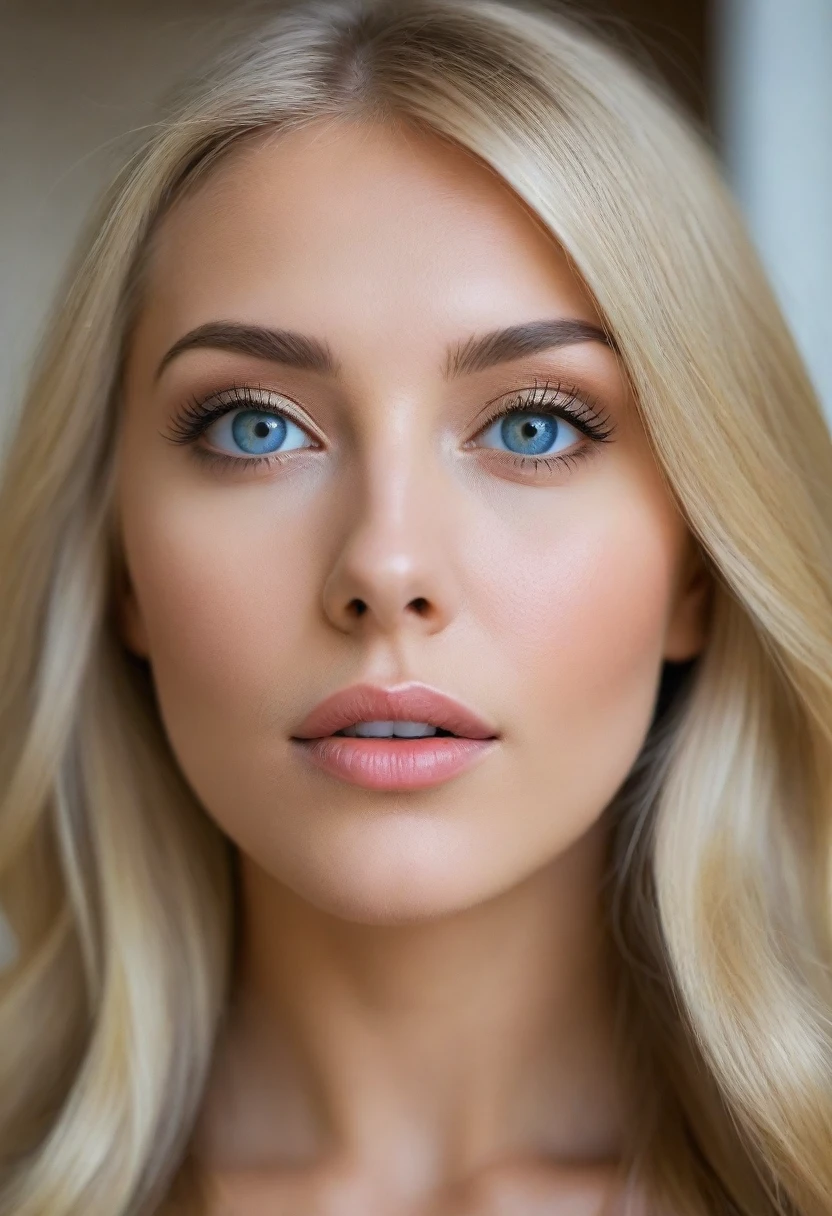 femme blondes(reflets marrons), yeux bleus foncés, russe, mi distance, lèvres pulpeuse, décors ambiance chill
