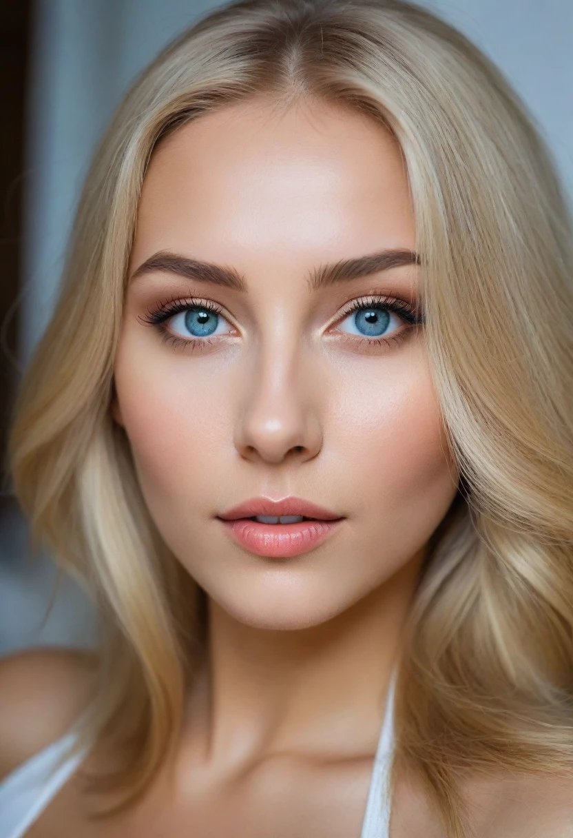 femme blondes(reflets marrons), yeux bleus foncés, russe, mi distance, lèvres pulpeuse, décors ambiance chill