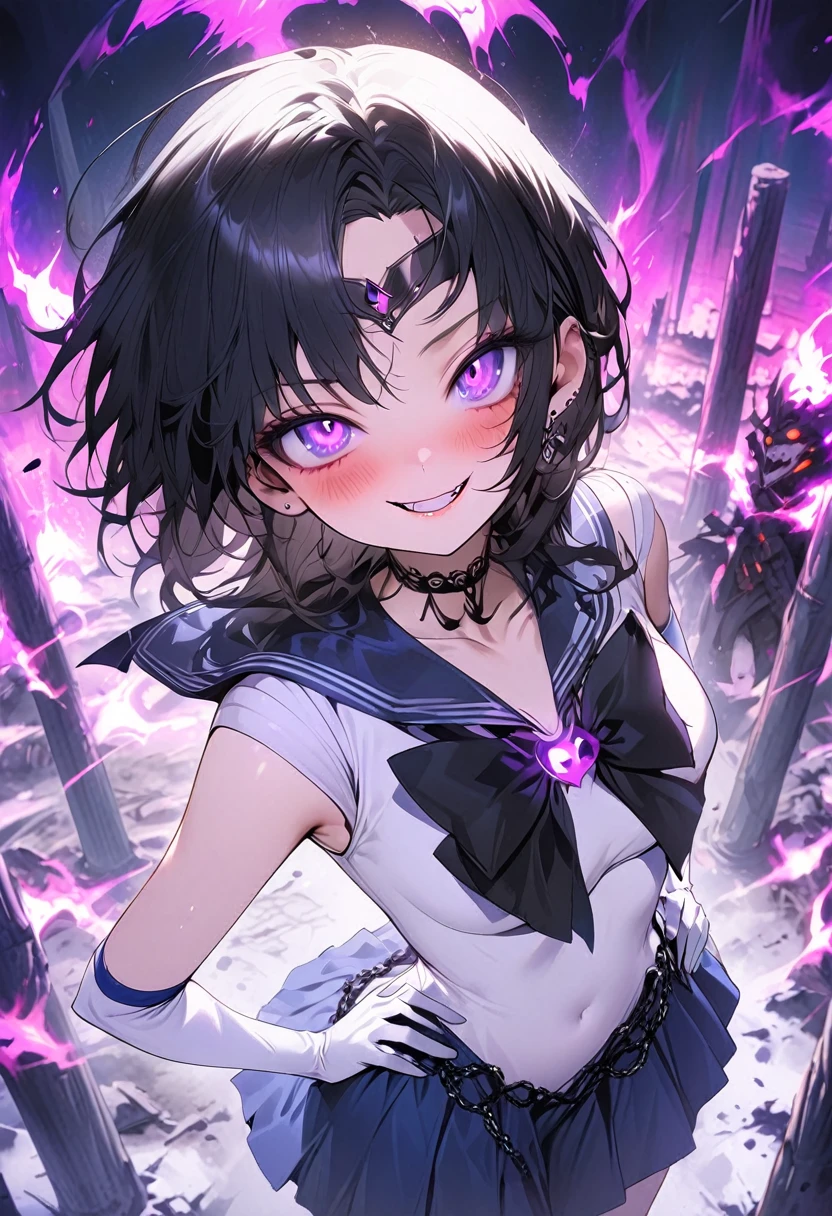 masterpiece, best quality, ultra-detailed, illustration, beautiful detailed eyes, ecstasy, happy, blush, pillars of purple fire, Feeling magical energy, hand on own hip, dark persona, evil smile, Leading a ritual, aurora, wasteland, , beautiful art, high res, perfect face, detailed outfit, Dark Mercury, Mizuno Ami, blue hair, dark blue eyes, dark blue sailor collar, white leotard, black chain around the waist, black and blue bow on the chest and on the back, white elbow gloves, blue skirt, high-knee boots, black tiara, purple eyeshadow,