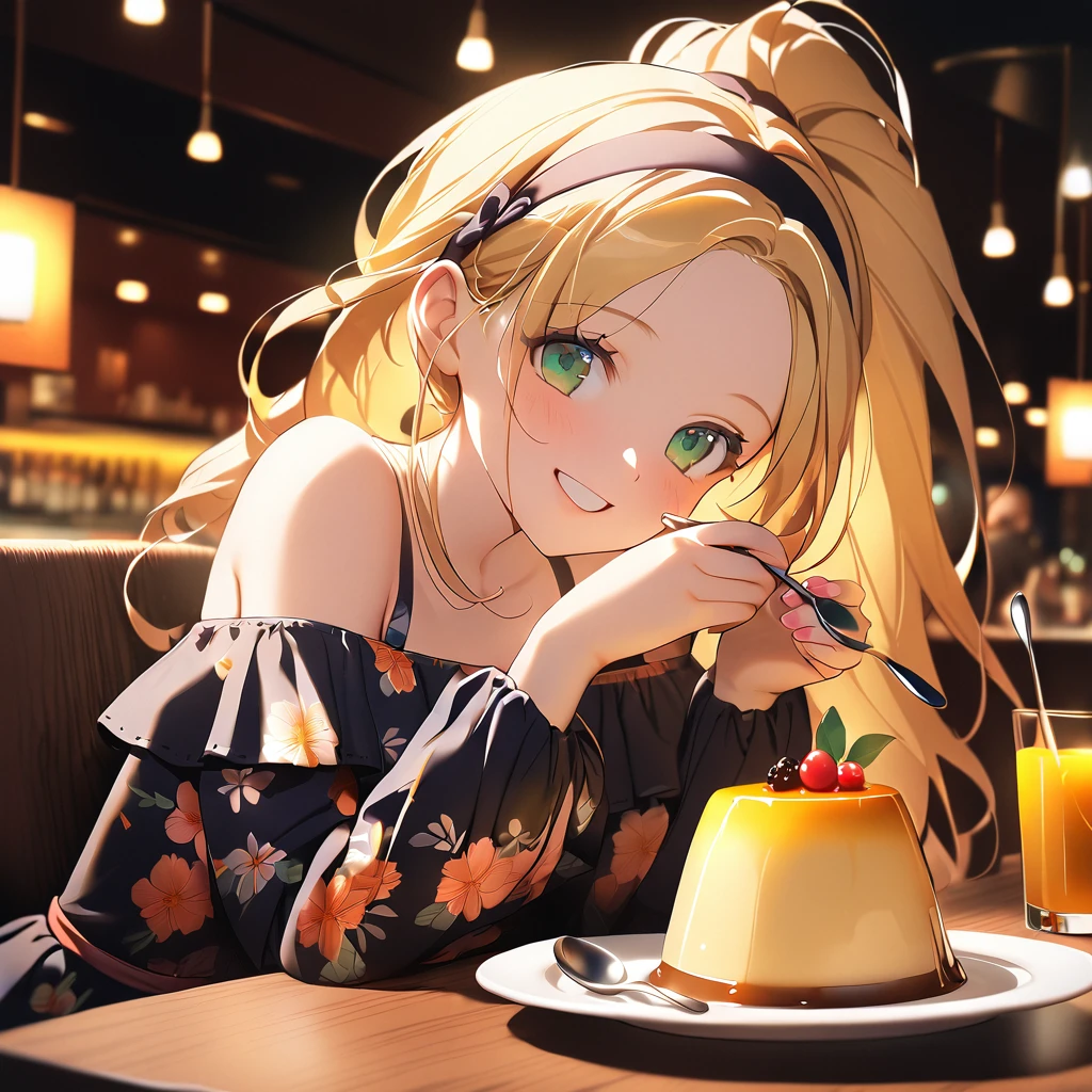 1girl, beautiful young girl, cute smile, long yellow hair, ponytail, hairband, green eyes, floral print dress, off-shoulder, sitting on chair, front of her table, pudding, spoon, drink, enjoying, hands down, background restaurant, publics, cinematic lighting