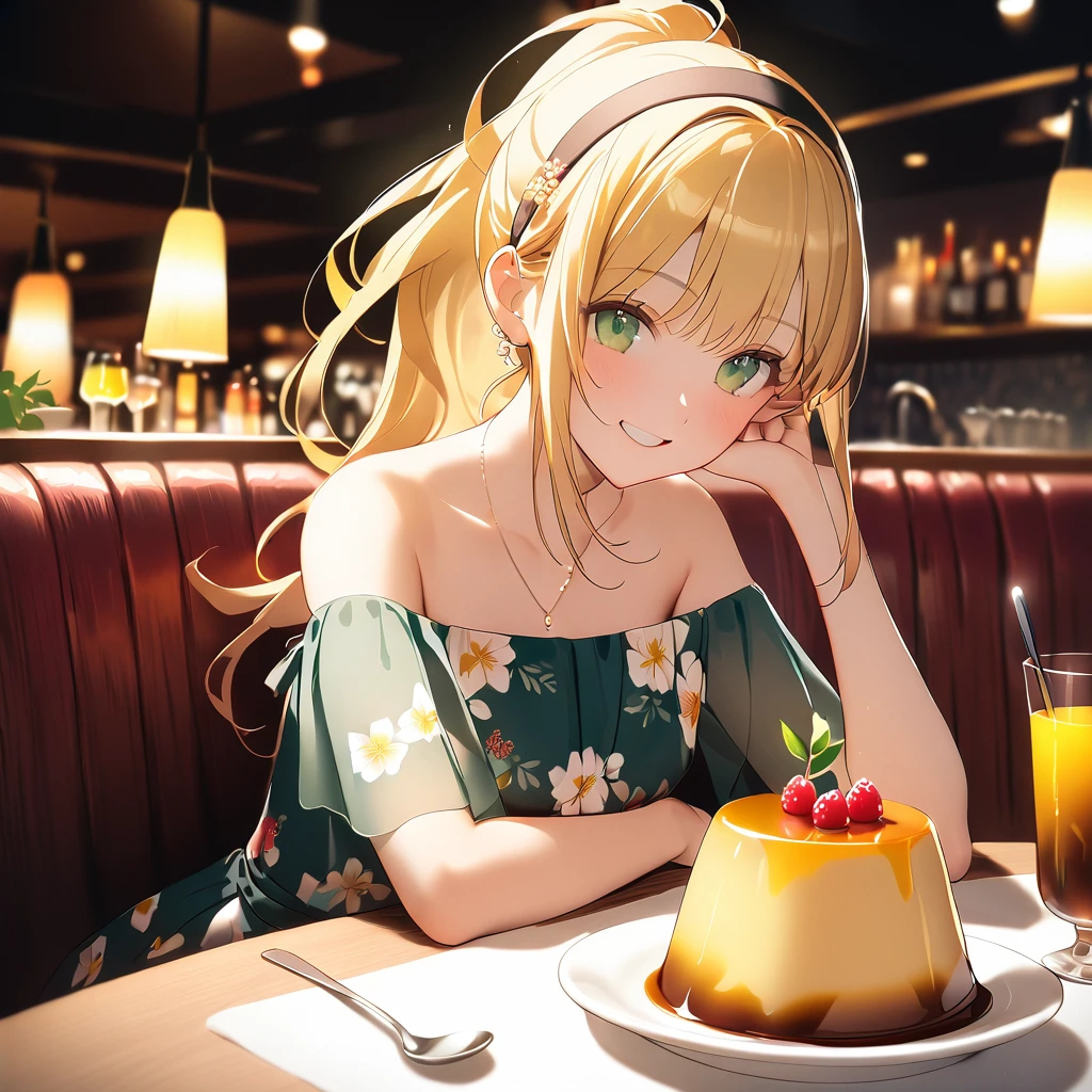 1girl, beautiful young girl, cute smile, long yellow hair, ponytail, hairband, green eyes, floral print dress, off-shoulder, sitting on chair, front of her table, pudding, spoon, drink, enjoying, hands down, background restaurant, publics, cinematic lighting