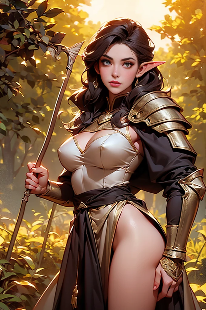 An archer with an arrow on his long bow aiming at his prey:1.4_immediately＿Elf、Medieval Fantasy Archer:1.3、Detailed  features、Beautifully detailed eyes、Beautifully detailed lips、Highly detailed face、Long eyelashes、Flowing Hair、Big Breasts、Narrow waist、Big Butt、Ideal proportions、Archer's Pose:1.3、medieval  dress、Leather Armor、The background is deep in the forest、Golden Hour Lighting、Cinematic composition、A calming color palette、Warm tones、Bright colors、Dramatic lighting、Photorealistic、8K、high quality、Intricate details、masterpiece、Concept Art, mounted archery
