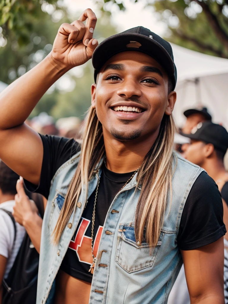 man in cap, pop music singer, singing at an outdoor party with many women.