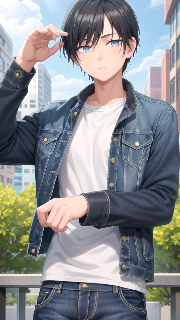 masterpiece, best quality, high quality, 1boy, solo, 14-year-old boy,male focus, looking at viewer , black hair, old-school swoop haircut,upper body ,blue jean jacket, emerald eyes,