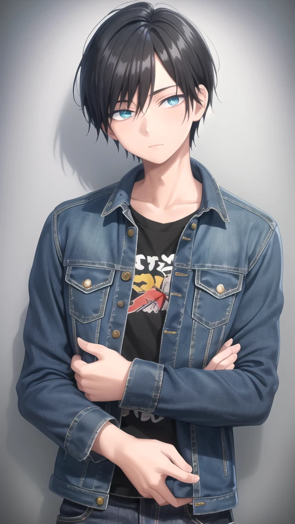 masterpiece, best quality, high quality, 1boy, solo, 14-year-old boy,male focus, looking at viewer , black hair, old-school swoop haircut,upper body ,blue jean jacket, emerald eyes,