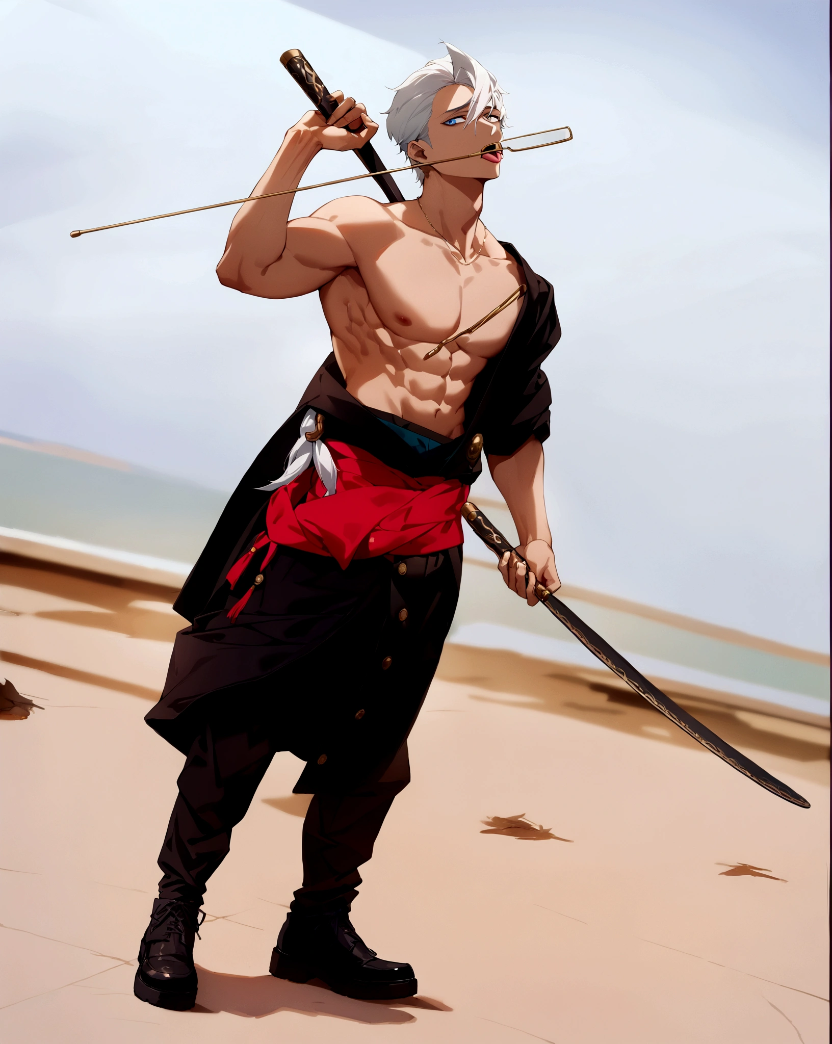 (((1boy))), ((toned)), male focus, Masterpiece artwork, high qualiy, (Masterpiece artwork:1.2), (best qualityer:1.2), shining skin, realisitic, ornate, intricate, black fox ears, ((white  hair)), (short hair), blue colored eyes,bangss, hair between the eyes, holding glasses, chic, looking_at_viewer, holding_fan, red_eyeliner, FH, crazy eyes, gazing at viewer, constricted pupils, dynamic pose, (shadows cast over the face:1.3), dark bedroom, shadow room, open mouth showing tongue