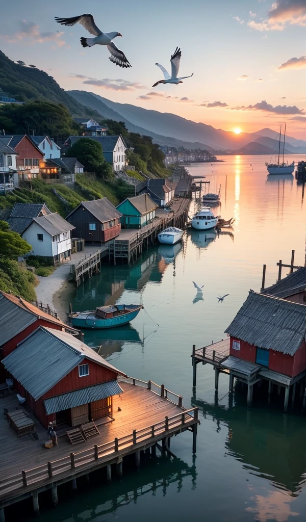 A tranquil coastal village at sunset, with colorful fishing boats docked at a wooden pier, seagulls flying overhead, and villagers in traditional attire gathering by the shore