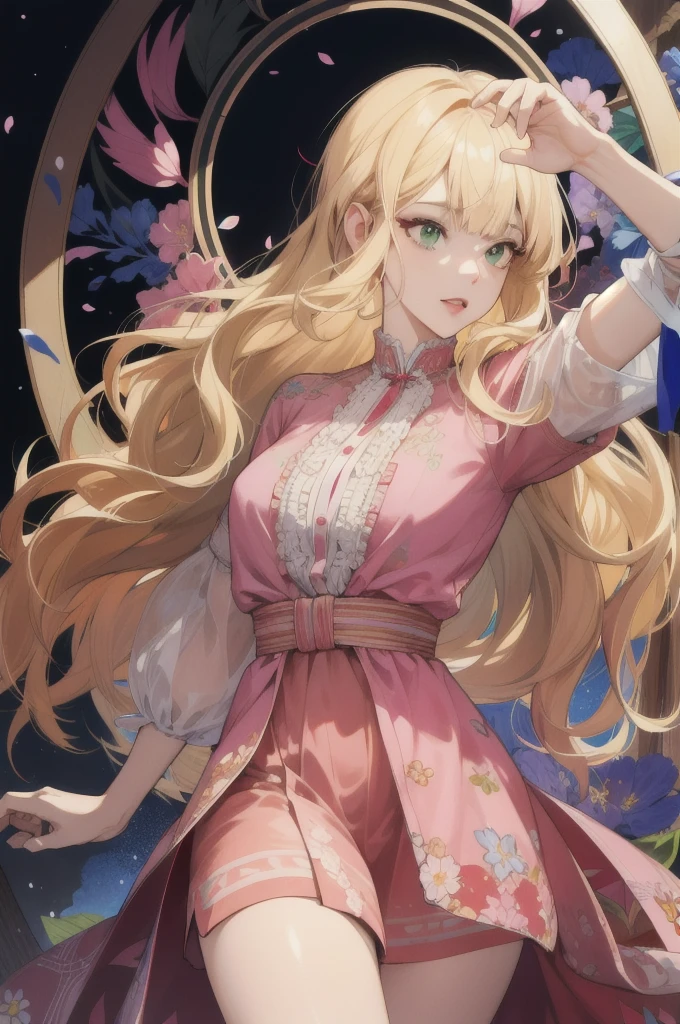 (absurdres, highres, ultra detailed), 1girl, mature female, wavy blonde hair, long hair, blunt bangs, green eyes, pink dress, finely detailed eyes and detailed face, extremely detailed CG unity 8k wallpaper, intricate details, BREAK , kaleidoscopic imagery, symmetrical patterns, vibrant colors, geometric shapes, mesmerizing designs, optical illusions, dynamic composition BREAK , pantomime art, expressive body language, silent storytelling, evocative gestures, visual narratives, theatrical performances BREAK , blooming flowers, colorful petals, fragrant scents, nature's bounty, vibrant gardens, peaceful scenery