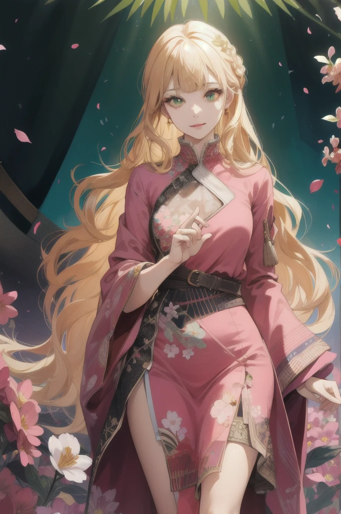 (absurdres, highres, ultra detailed), 1girl, mature female, wavy blonde hair, long hair, blunt bangs, green eyes, pink dress, finely detailed eyes and detailed face, extremely detailed CG unity 8k wallpaper, intricate details, BREAK , kaleidoscopic imagery, symmetrical patterns, vibrant colors, geometric shapes, mesmerizing designs, optical illusions, dynamic composition BREAK , pantomime art, expressive body language, silent storytelling, evocative gestures, visual narratives, theatrical performances BREAK , blooming flowers, colorful petals, fragrant scents, nature's bounty, vibrant gardens, peaceful scenery