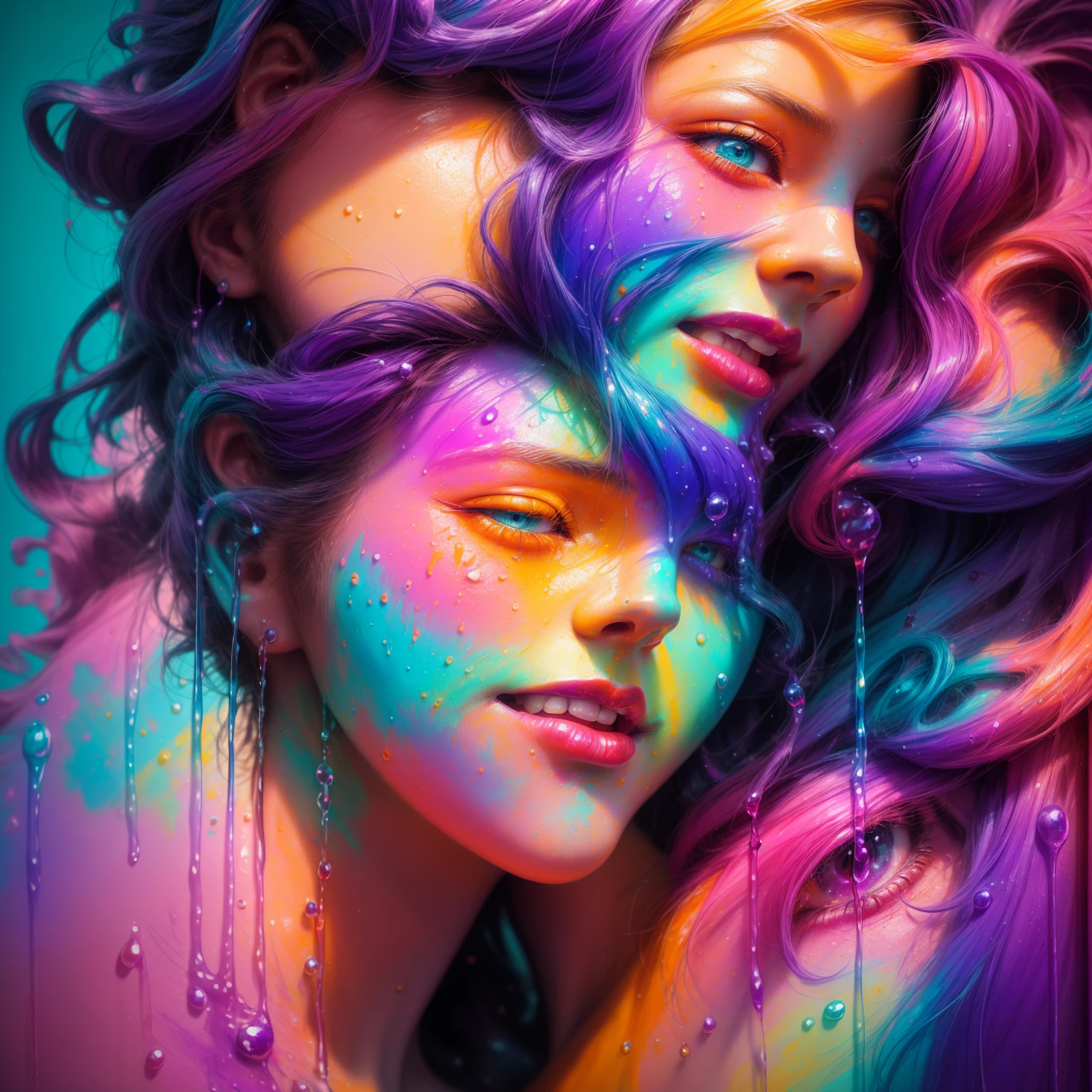 a close up of a sculpture of a woman with purple and orange paint, dripping with color, face submerged in colored oils, 3d digital 4k, colorful melted human head, vibrant colors hyper realism, cute digital art, color Art, Beeple e Jeremias Ketner, vibrant digital painting, detailed painting 4k, beautiful art uhd 4k