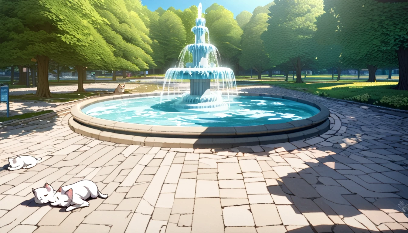  summer heat, anime aestetics, noon, park full of trees, big fountain in the center, greek style fountain, beautiful white cat laying on the road, sleeping cat, cat focus, laz cat, fluffy cat, calm summer days, green and blue colors, perfect shadows, beauty of nature, stone roads, wide shot, atmospheric perspective, perspective, 4K, 8k, best quality, award winning, anatomically correct, super detail, masterpiece