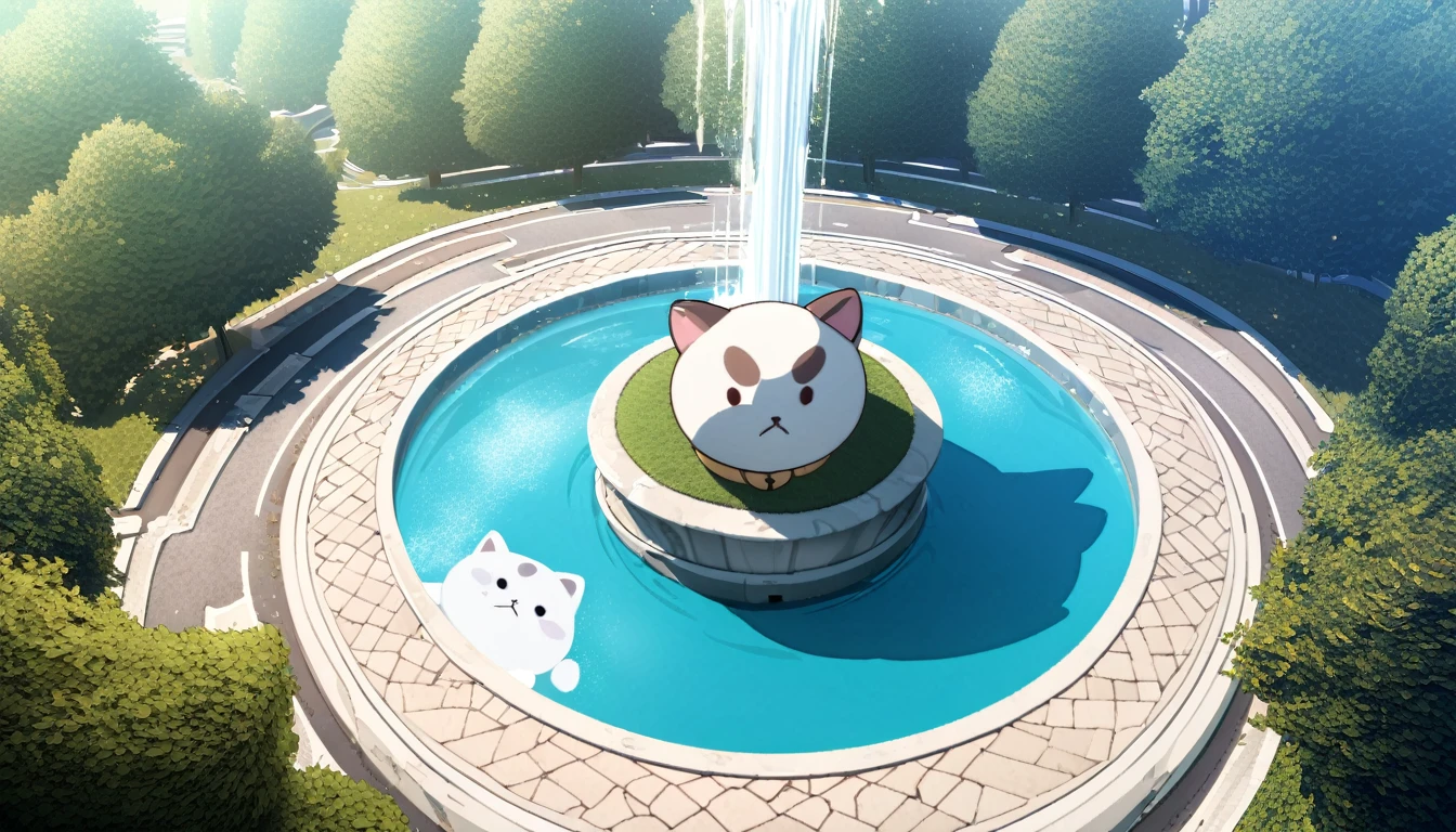  summer heat, anime aestetics, noon, park full of trees, big fountain in the center, greek style fountain, beautiful white cat laying on the road, sleeping cat, cat focus, laz cat, fluffy cat, calm summer days, green and blue colors, perfect shadows, beauty of nature, stone roads, wide shot, atmospheric perspective, perspective, 4K, 8k, best quality, award winning, anatomically correct, super detail, masterpiece