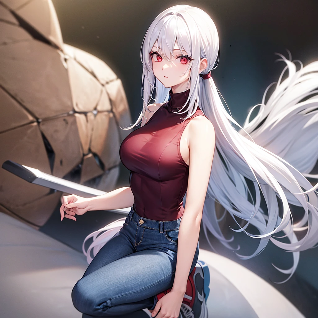 . White hair , dark red eyes,a sleeveless turtleneck shirt a bright blue converse jean pants,her hair is down.