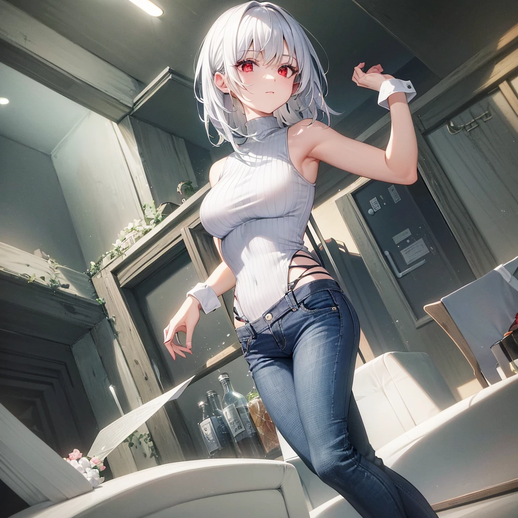 1 girl in, toppless,In front of a heavy door,short white hair, better shadows, Better light, Improved facial detail, Red Eyes, barechested,Fantastical,Dancing naked, Leather boots.active movement