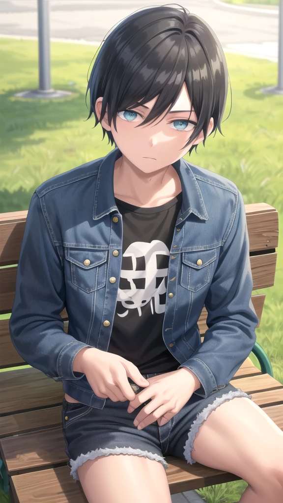 masterpiece, best quality, high quality, 1boy, solo, 14-year-old boy,evil boy,male focus, looking at viewer , black hair, old-school swoop haircut,blue jean jacket,black shorts, emerald eyes, sitting on a bench 