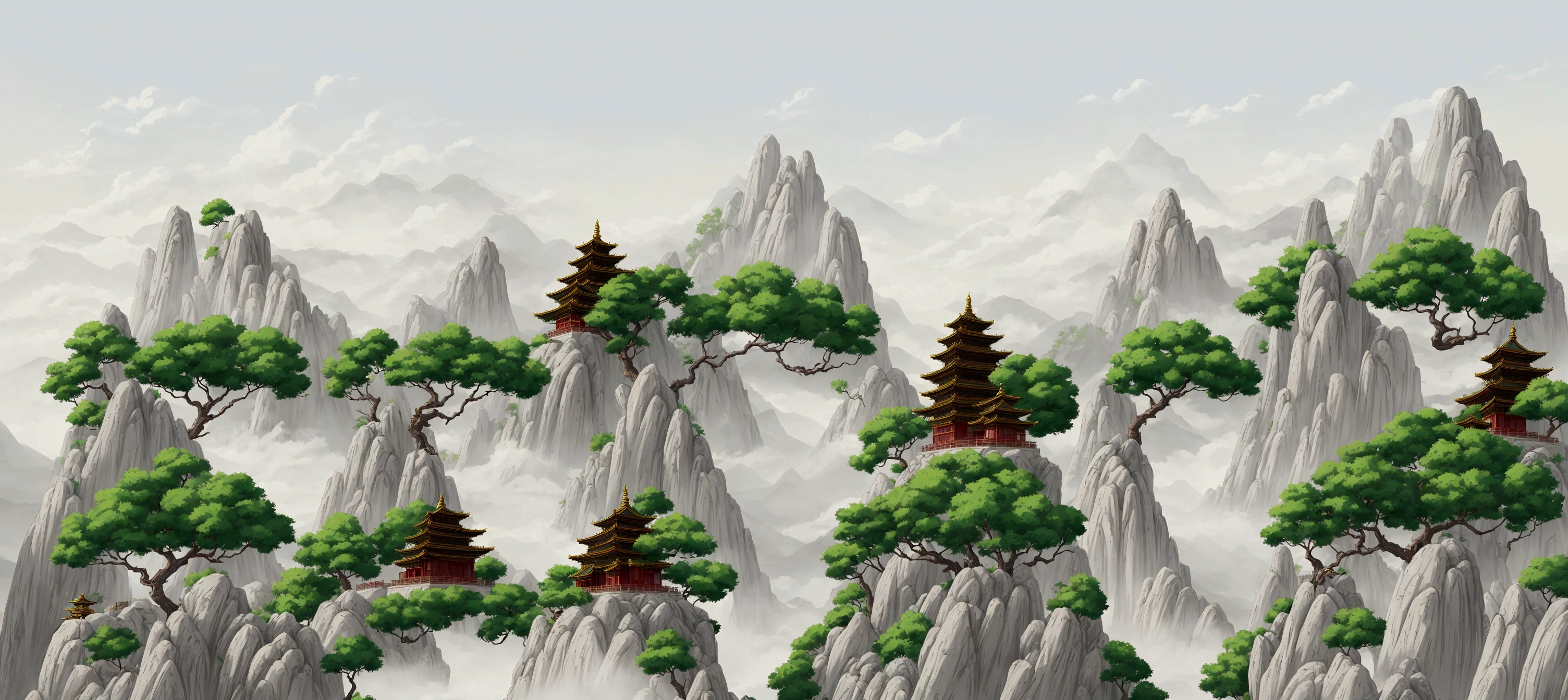 there are many trees growing on the mountain tops, temple background, pagodas on hills, zen temple background, background depicting a temple, dojo on a mountain, detailed scenery —width 672, mountainous background, ancient city landscape, background fortress, mobile game background, anime landscape, 2 d game art background, chinese landscape, digital painting of a pagoda