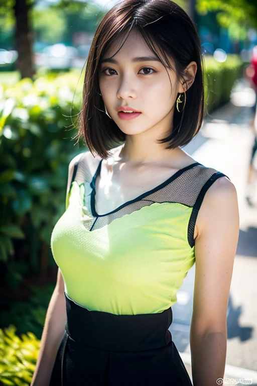 (realistic 1 girl, 20-year-old, cute female, short black hair with bangs, delicate and beautiful facial features, detailed eyes, nose, lips, and skin, facial pores, fine facial freckles, slender body, handsome physique, youth and innocence, unbuttoned white blouse, brazier, very short yellow skirt, earrings, standing pose facing forward, dynamic lighting, high resolution, 8k, raw photo, masterpiece, ultra-detailed, photorealistic, professional quality, particle texture, official art, beautiful clothes, lifelike face, droopy eyes, cute expression, gasping face, realistic sexual gaze, huge file size, best quality, 4k, 8k, high-res, vivid colors, bokeh)