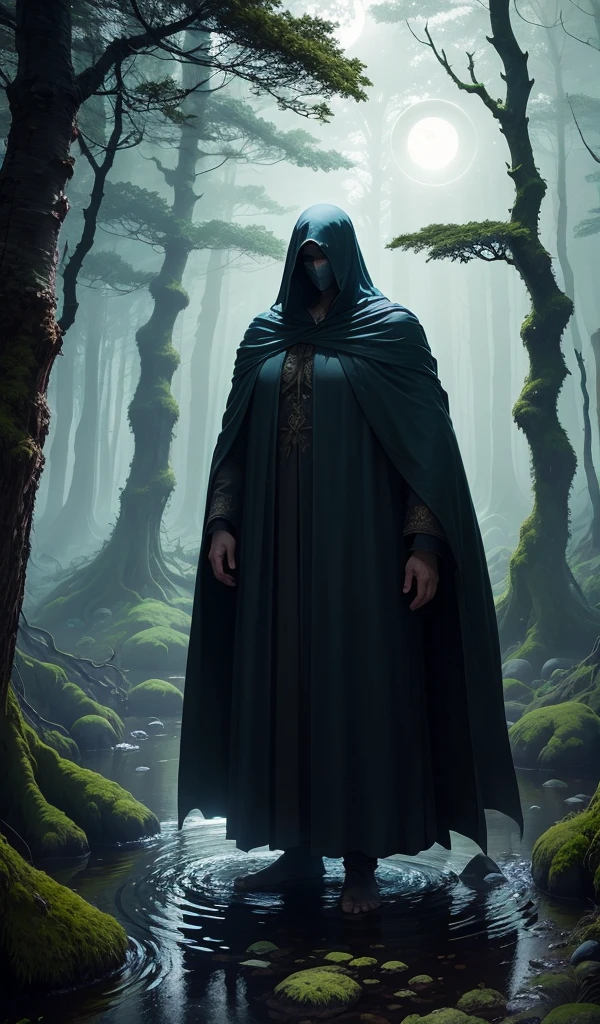 A dense, mystical forest bathed in moonlight, with ancient, towering trees covered in glowing moss, a crystal-clear stream flowing through, and a mysterious figure cloaked in shadow standing by the water's edge