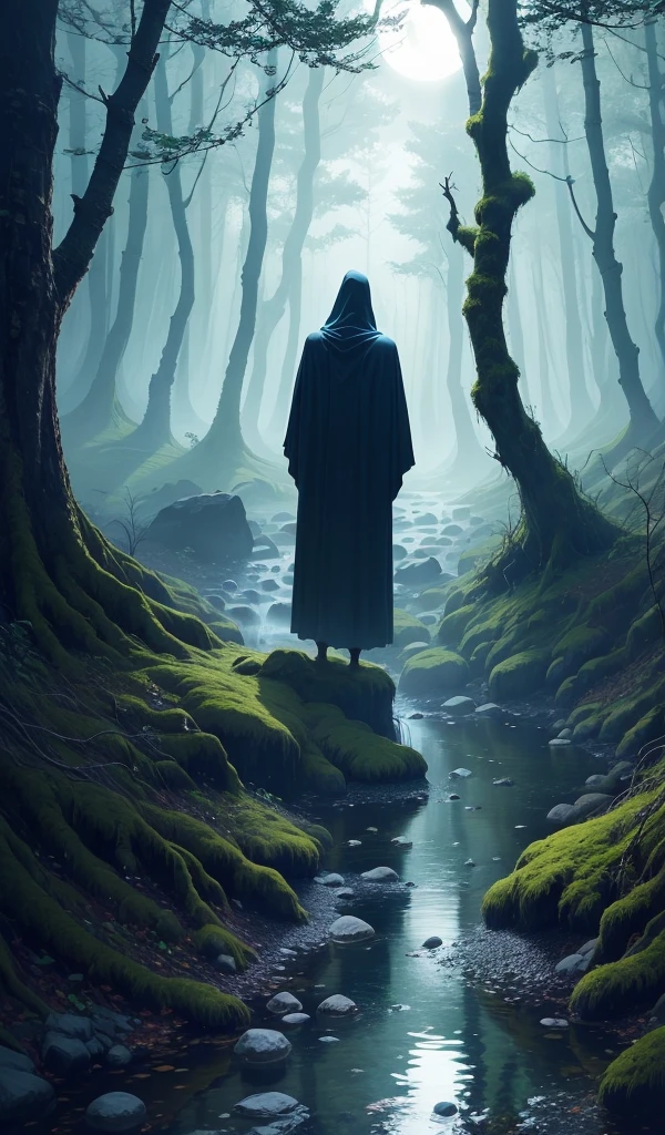 A dense, mystical forest bathed in moonlight, with ancient, towering trees covered in glowing moss, a crystal-clear stream flowing through, and a mysterious figure cloaked in shadow standing by the water's edge