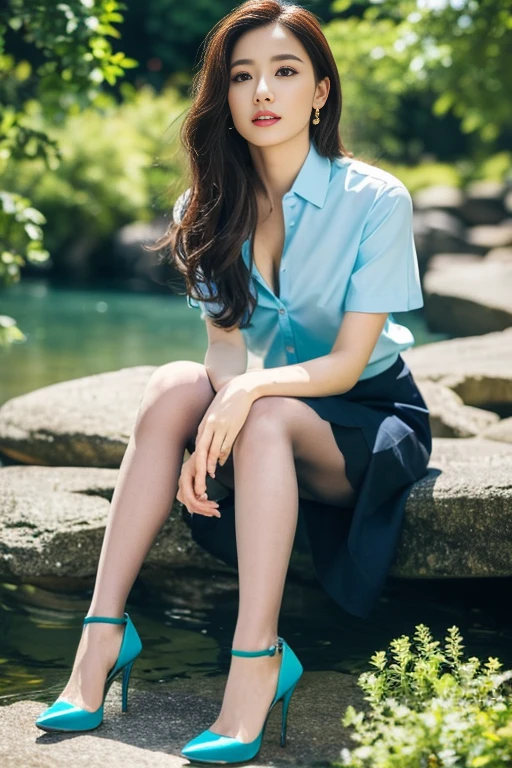 (Highest quality、Ultra-high resolution、masterpiece、8K)、(Delicate face、Detailed eyes and face、Watery eyes、double eyelid、Glossy lips), (1 girl) 、Very beautiful woman、Slender、Slim Big、Sharp long legs、Alluring and sexy、(A brightly colored collared shirt:1.2)、(Skirts in flashy colors:1.3),(silk pantyhose:1.1),(Stiletto heels)、Cleavage、Sitting pose、Perfect body、Two perfect legs、balanced legs、Detailed shoes、Anatomically correct、High-definition skin texture、Daytime、(Wind、river、waterfall、garden)