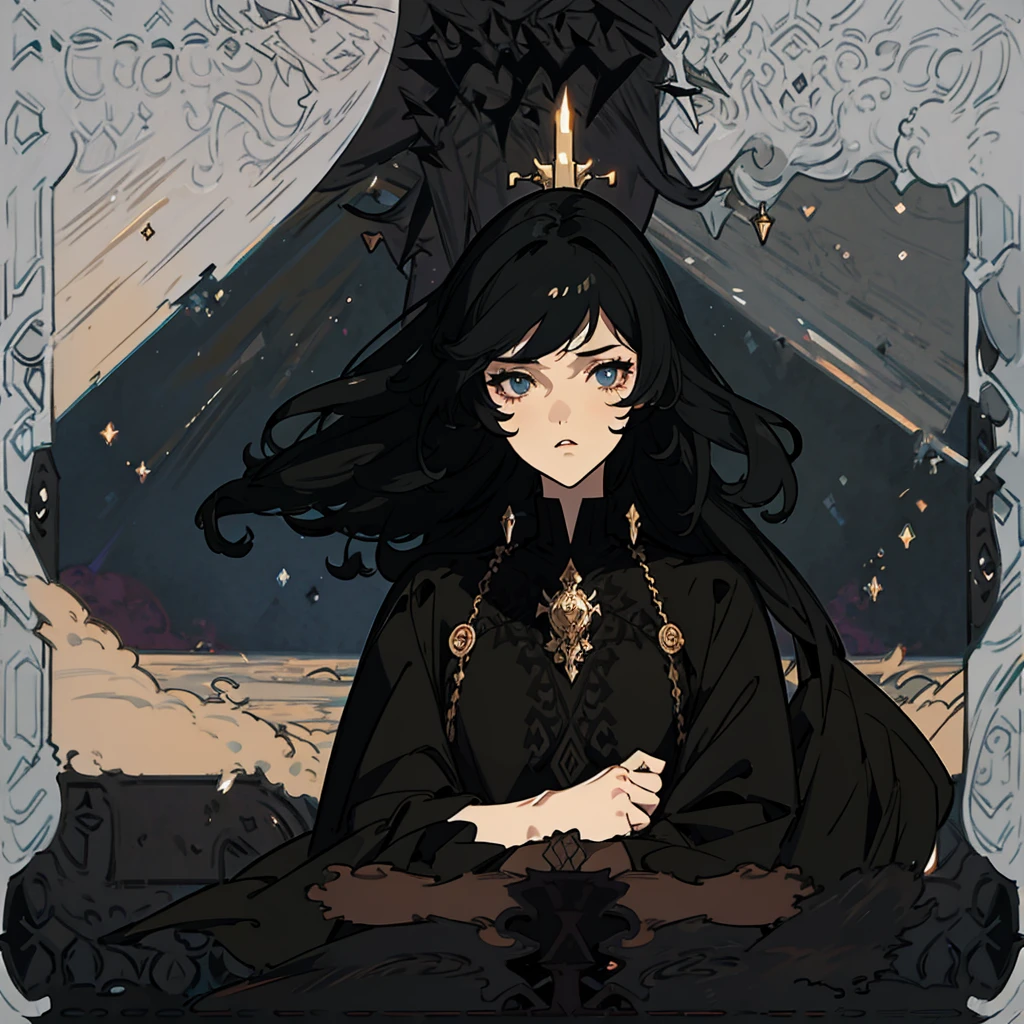 a girl with long black hair, body chains, black top, black pants, detailed face, beautiful detailed eyes, beautiful detailed lips, extremely detailed eyes and face, long eyelashes, ethereal, mysterious, moody, dramatic lighting, cinematic, dark fantasy, dark gothic, chiaroscuro, dramatic colors, rich saturated colors, dramatic shadows, dramatic highlights, moody atmosphere, deep black, deep shadows, dramatic contrast