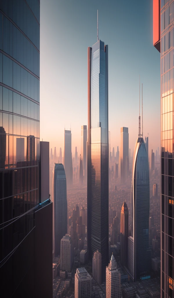 A futuristic cityscape at dawn, with towering skyscrapers made of glass and metal, flying cars>zooming through the sky, neon signs illuminating the streets below, and a lone figure in a sleek high-tech suit looking out over the city from a oothop