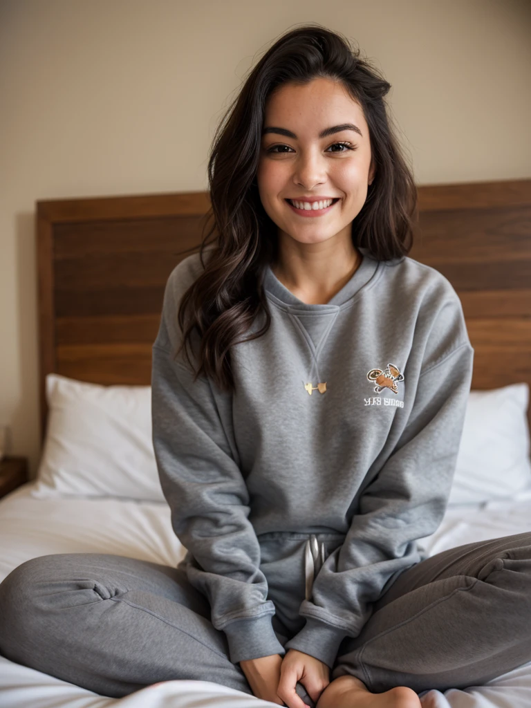 woman who is sitting on her bed in a cross-legged position, she is very cute, she is 28 years old, she has an average chest, she is wearing a gray sweatshirt too big for her, and she looks at the camera smiling